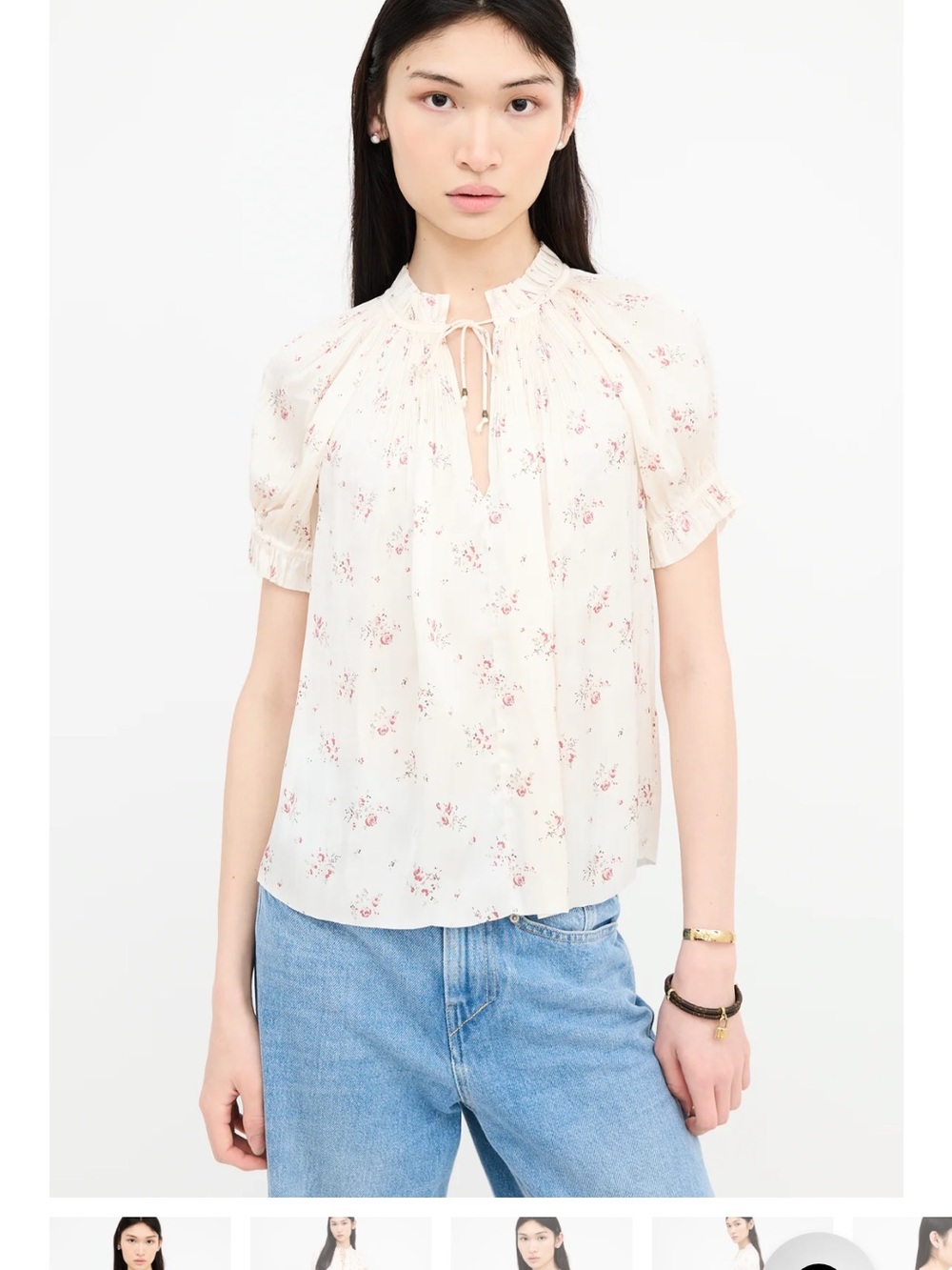 Ulla Johnson Pleat Short Sleeve Floral Top - Cream Size 2